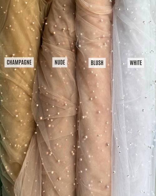Pearl Tulle Fabric, Soft Tulle Lace Fabric with Pearls for Bridal Dress Bridal Veil, Scattered Pearls Studded Mesh, Pastel Colors Tulle