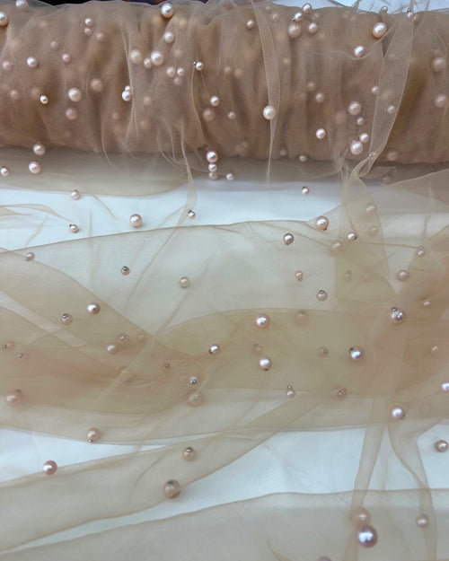 Champagne Pearl Tulle Fabric, Scattered Pearls Studded Mesh, Pink Tulle Lace Fabric with Pearls, 2-Way Stretch Pearl Beaded Tulle