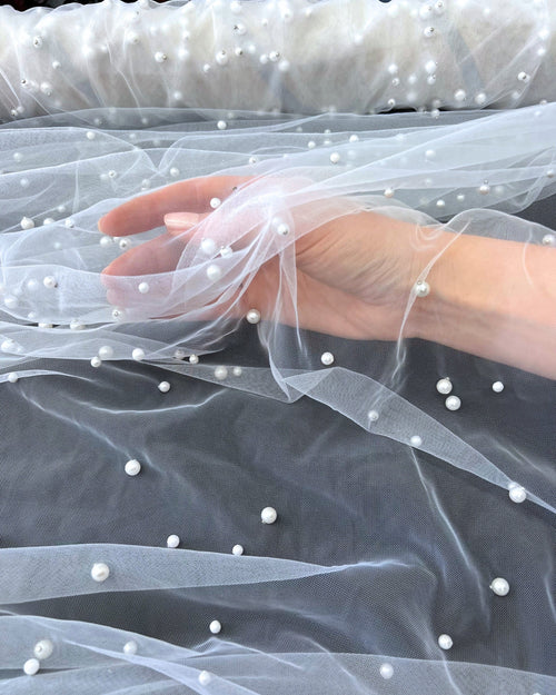 White Pearl Tulle Fabric, Scattered Pearls Studded Mesh, Pink Tulle Lace Fabric with Pearls, 2-Way Stretch Pearl Beaded Tulle