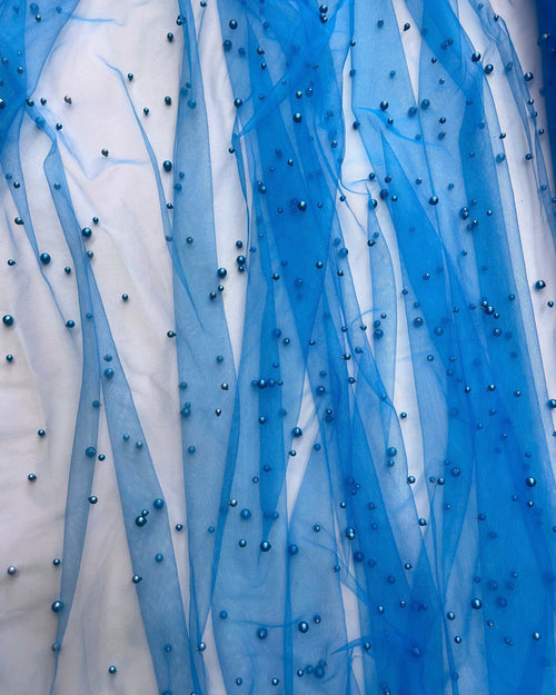 Blue Pearl Tulle Fabric, Scattered Pearls Studded Mesh, Pink Tulle Lace Fabric with Pearls, 2-Way Stretch Pearl Beaded Tulle