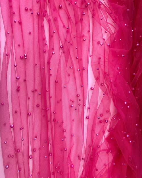 Hot Pink Pearl Tulle Fabric, Scattered Pearls Studded Mesh, Pink Tulle Lace Fabric with Pearls, 2-Way Stretch Pearl Beaded Tulle