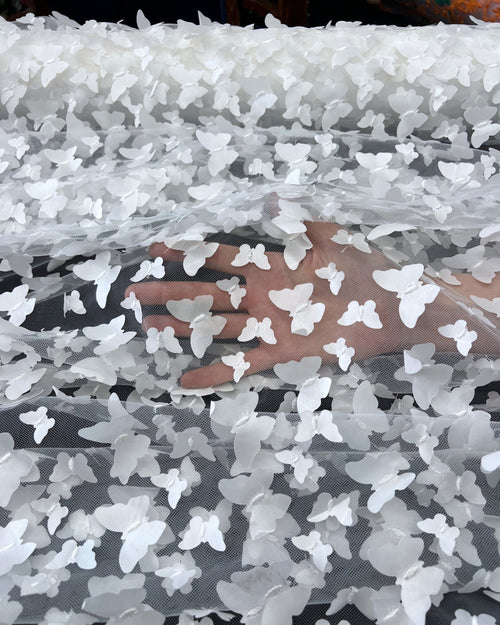 White 3D Butterfly Embroidery Tulle