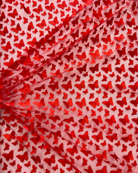 Red 3D Butterfly Embroidery Tulle