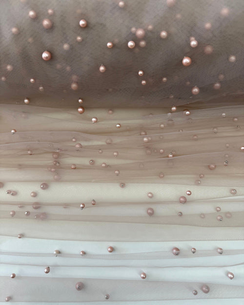 Nude Pearl Tulle Fabric, Scattered Pearls Studded Mesh, Pink Tulle Lace Fabric with Pearls, 2-Way Stretch Pearl Beaded Tulle