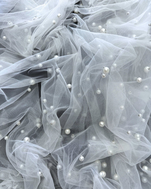 White Pearl Tulle Fabric, Scattered Pearls Studded Mesh, White Tulle Fabric with Pearls, 2-Way Stretch Pearl Beaded Tulle for Veils