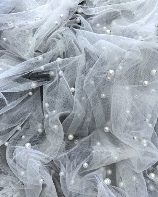 White Pearl Tulle Fabric, Scattered Pearls Studded Mesh, White Tulle Fabric with Pearls, 2-Way Stretch Pearl Beaded Tulle for Veils