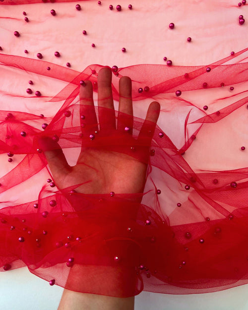 Red Pearl Tulle Fabric, Scattered Pearls Studded Mesh, Pink Tulle Lace Fabric with Pearls, 2-Way Stretch Pearl Beaded Tulle