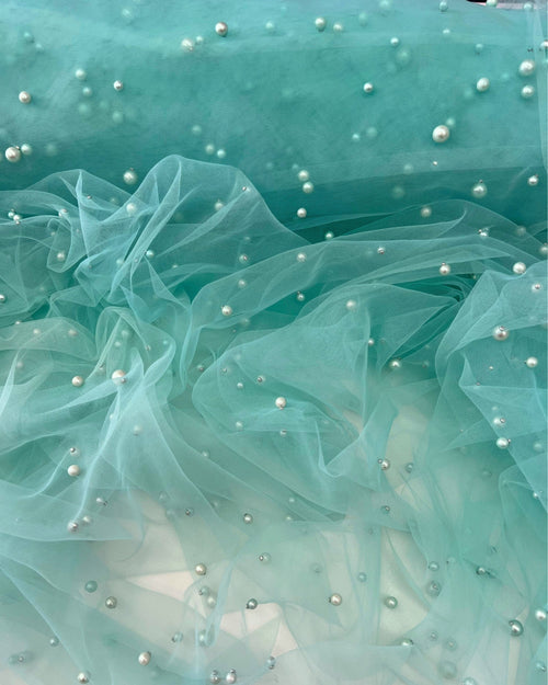 Mint Pearl Tulle Fabric, Scattered Pearls Studded Mesh, Pink Tulle Lace Fabric with Pearls, 2-Way Stretch Pearl Beaded Tulle