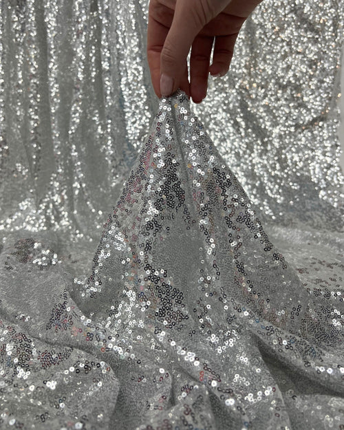 Silver Sequin Fabric by the Yard, Glitz Stretch Silver Sequins Fabric, Iridescent Sequins on Mesh for Table Runners, Party Dress, Backdrop