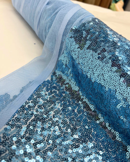 Baby Blue Glitz Sequins Mesh Fabric 