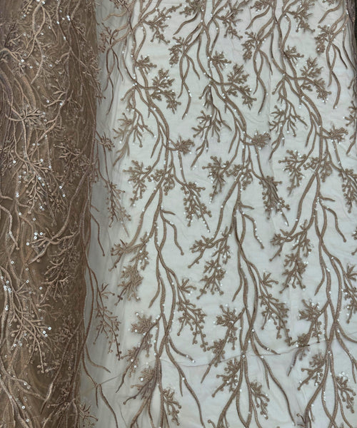 Champagne Lace Fabric, Nude Embroidery on Lace, Champagne Embroidered Lace Fabric by the Yard, Bridal Lace for Bridal Veil Bridal Sleeves