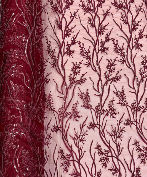 Burgundy Lace Fabric, Burgundy Embroidered Lace Fabric with Sequins, Floral Embroidery on Mesh Lace Fabric by the Yard, Burgundy Floral Lace