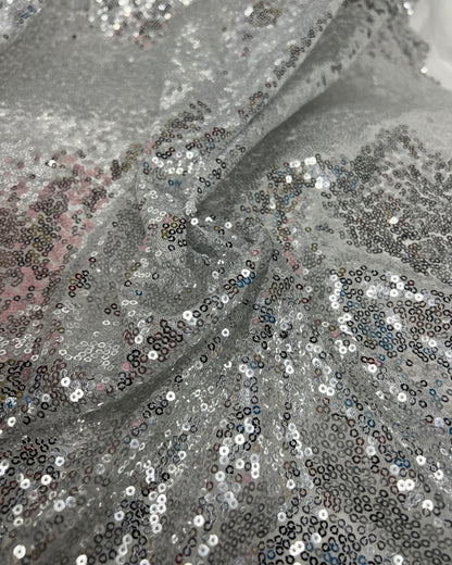 Silver Sequin Fabric by the Yard, Glitz Stretch Silver Sequins Fabric, Iridescent Sequins on Mesh for Table Runners, Party Dress, Backdrop