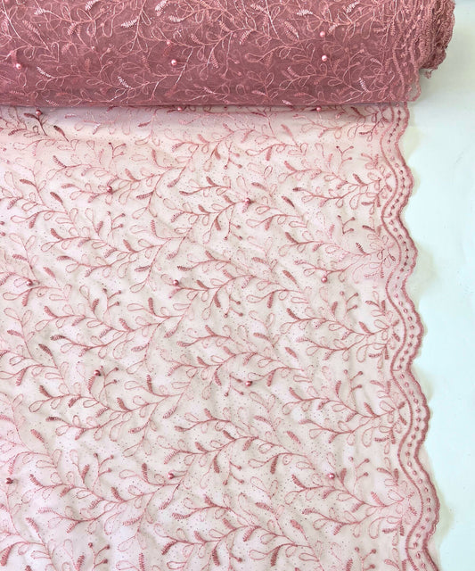 Pink Embroidered Lace with Pearls