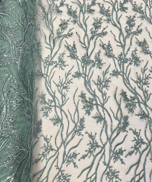 Sage Green Lace Fabric, Sage Embroidered Lace Fabric Floral Embroidery with Sequins on Mesh Lace Fabric by the Yard, Sage Embroidered Fabric