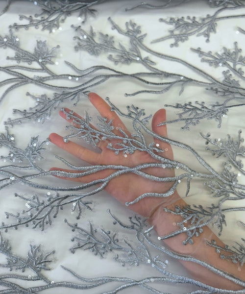 Silver Gray Sequin Lace Fabric