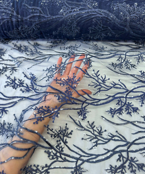 Navy Sequin Lace Fabric