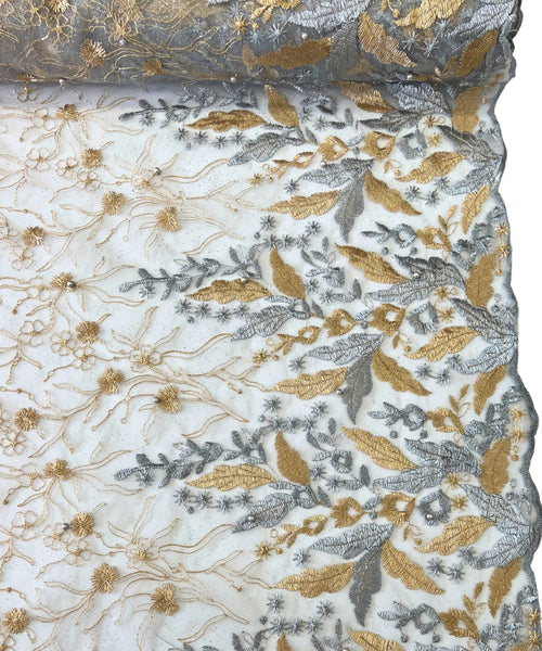 Gold Silver Embroidered Lace with Pearls