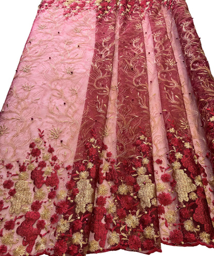 Red Embroidered Lace Fabric, Floral RedScalloped Pearl Beaded Bridal Lace by the Yard, African Lace Fabric for Gowns, Tablecloth