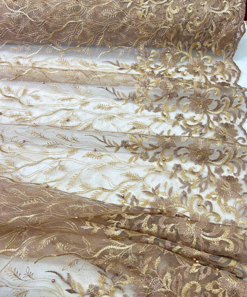 Champagne Embroidered Lace with Pearls