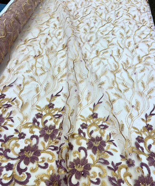 Purple Embroidered Lace with Pearls