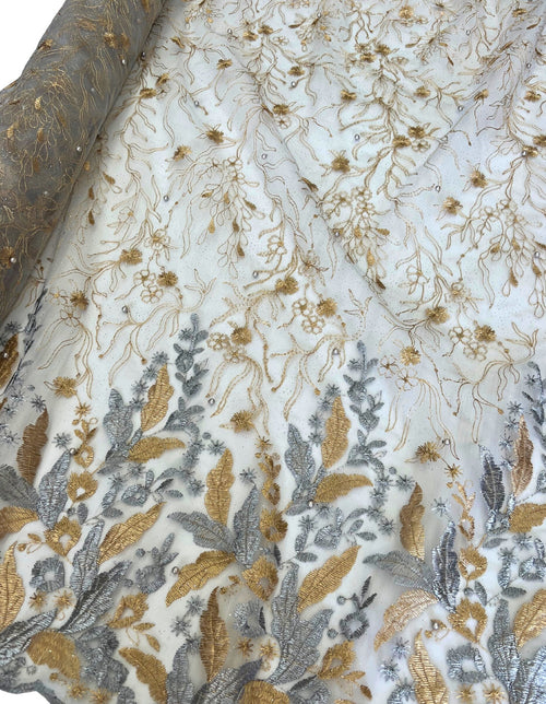 Silver Gold Embroidered Lace with Pearls