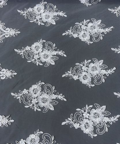 Off White Embroidered Lace Fabric, Stretchy Ivory/Off White Lace Fabric by the Yard, Floral Tulle Lace for Bridal Gown, Wedding Dress, Veil