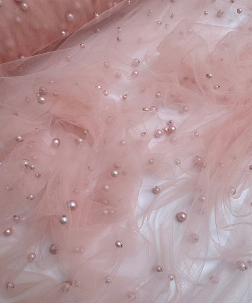 Blush Pearl Tulle Fabric, Scattered Pearls Studded Mesh, Pink Tulle Lace Fabric with Pearls, 2-Way Stretch Pearl Beaded Tulle