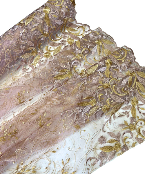 Dusty Rose Gold Embroidered Lace with Pearls