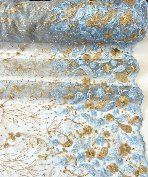 Blue/Gold Embroidered Lace with Pearls