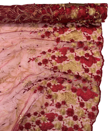 Red Embroidered Lace Fabric, Floral RedScalloped Pearl Beaded Bridal Lace by the Yard, African Lace Fabric for Gowns, Tablecloth