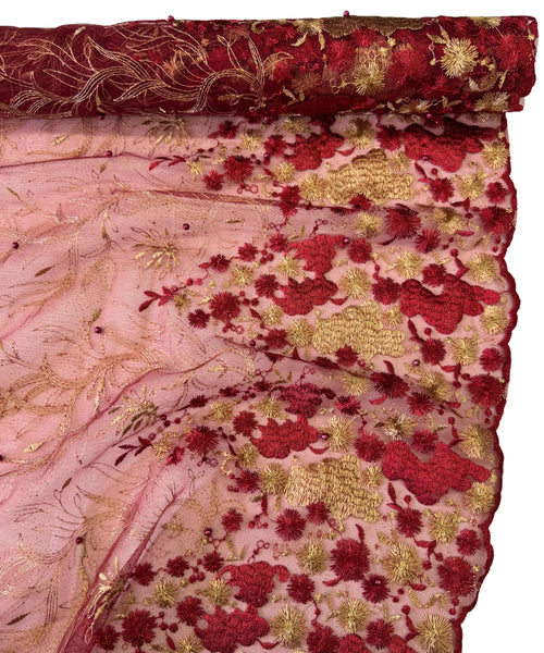 Red Embroidered Lace Fabric, Floral RedScalloped Pearl Beaded Bridal Lace by the Yard, African Lace Fabric for Gowns, Tablecloth