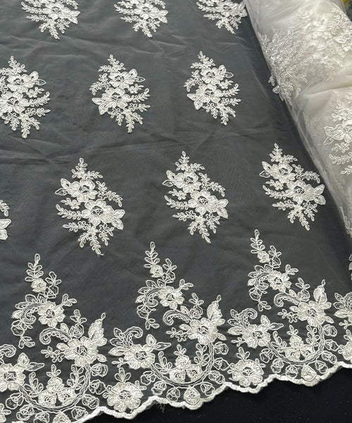 Ivory Embroidered Lace Fabric, Stretchy Floral Ivory Lace Fabric by the Yard, Sequin Tulle Lace for Bridal Gown Wedding Dress Veil