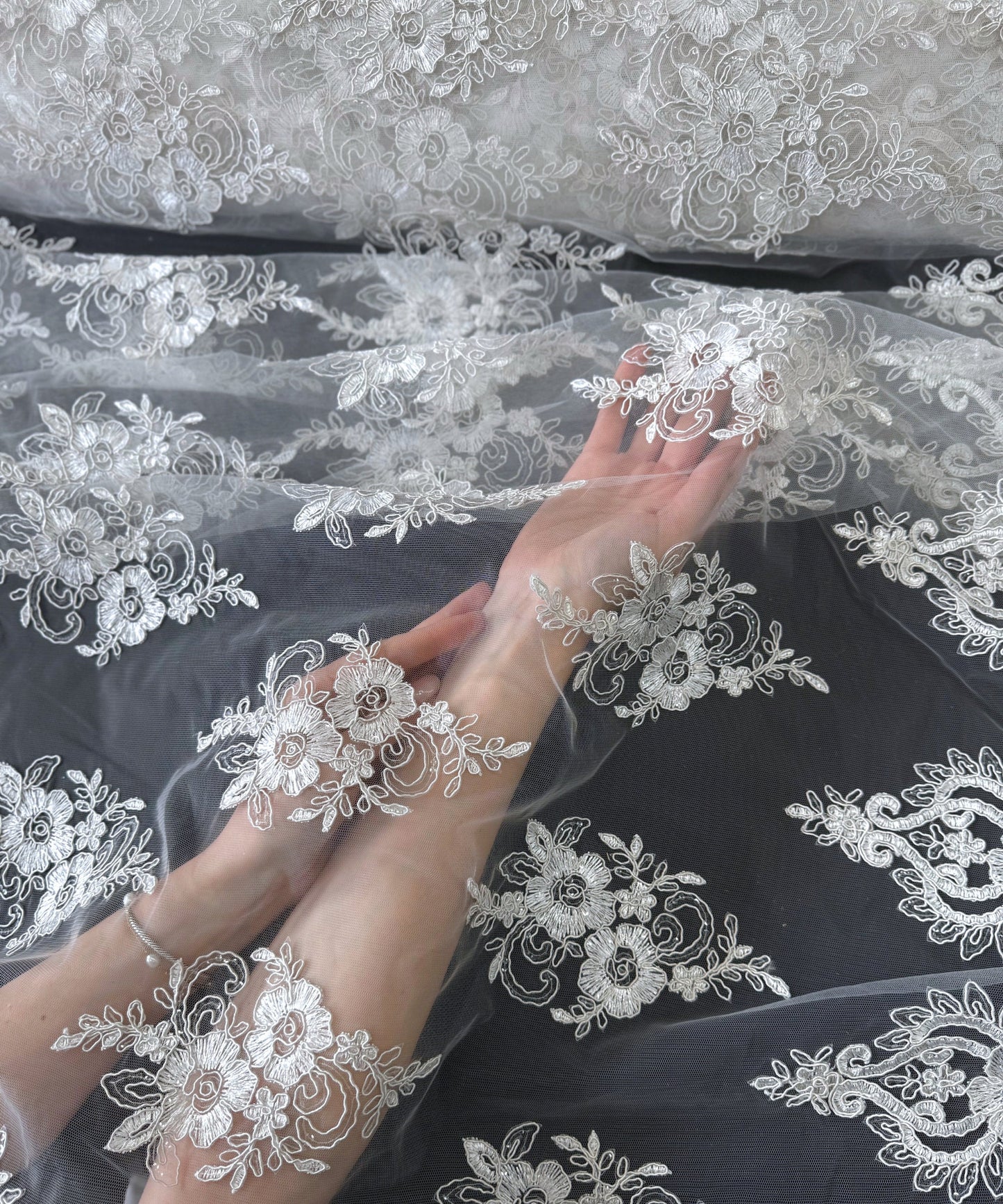 Off White Embroidered Lace Fabric, Stretchy Ivory/Off White Lace Fabric by the Yard, Floral Tulle Lace for Bridal Gown, Wedding Dress, Veil