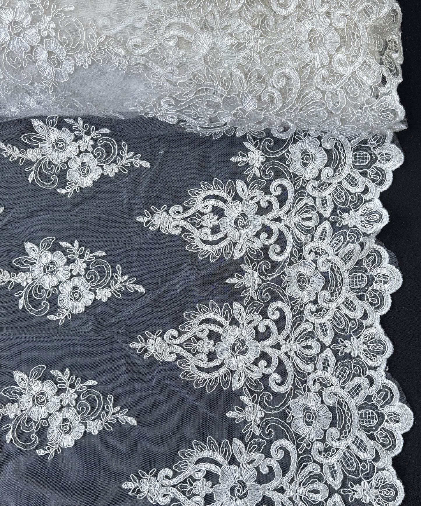 Off White Embroidered Lace Fabric, Stretchy Ivory/Off White Lace Fabric by the Yard, Floral Tulle Lace for Bridal Gown, Wedding Dress, Veil