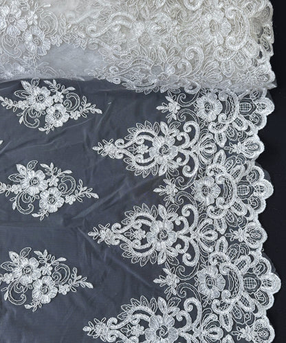 Off White Embroidered Lace Fabric, Stretchy Ivory/Off White Lace Fabric by the Yard, Floral Tulle Lace for Bridal Gown, Wedding Dress, Veil
