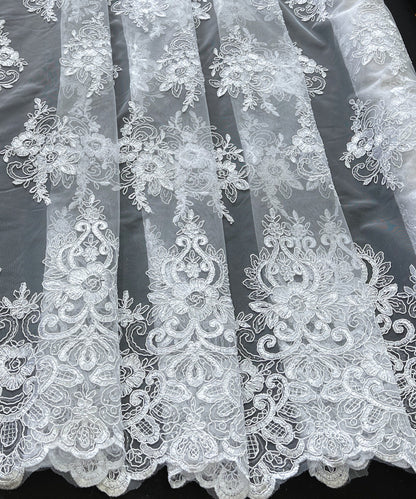 Off White Embroidered Lace Fabric, Stretchy Ivory/Off White Lace Fabric by the Yard, Floral Tulle Lace for Bridal Gown, Wedding Dress, Veil