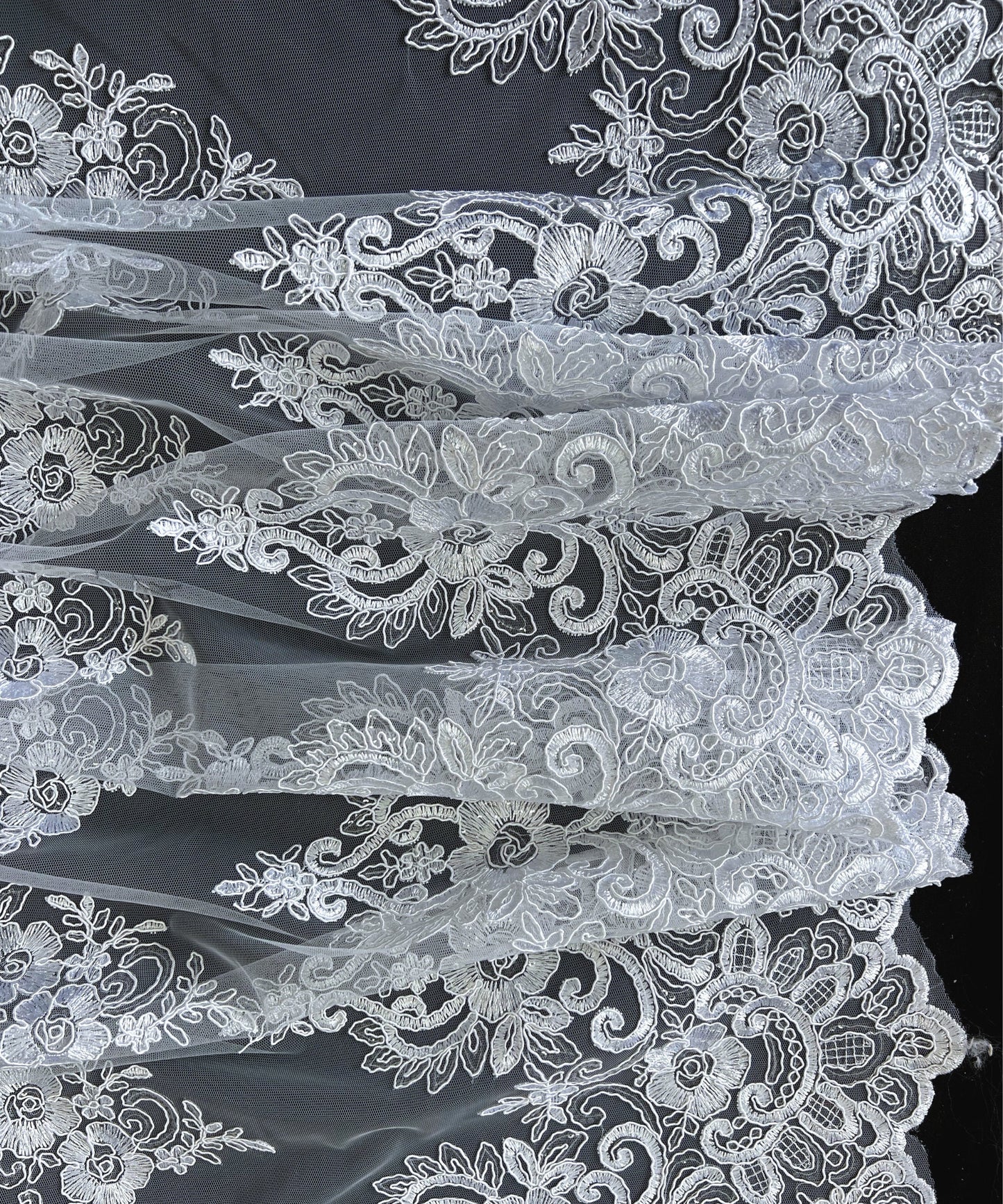 Off White Embroidered Lace Fabric, Stretchy Ivory/Off White Lace Fabric by the Yard, Floral Tulle Lace for Bridal Gown, Wedding Dress, Veil