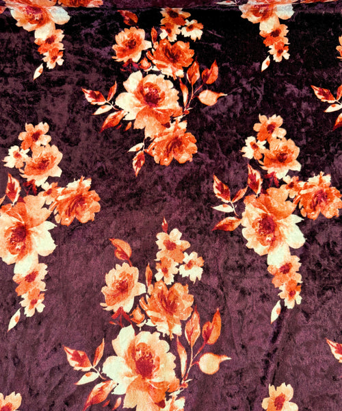 Floral Print Velvet Fabric Stretch Floral Velvet Fabric by the Yard Stretch Printed Plum Velvet Multicolor Crushed Soft Velvet/Velour Fabric