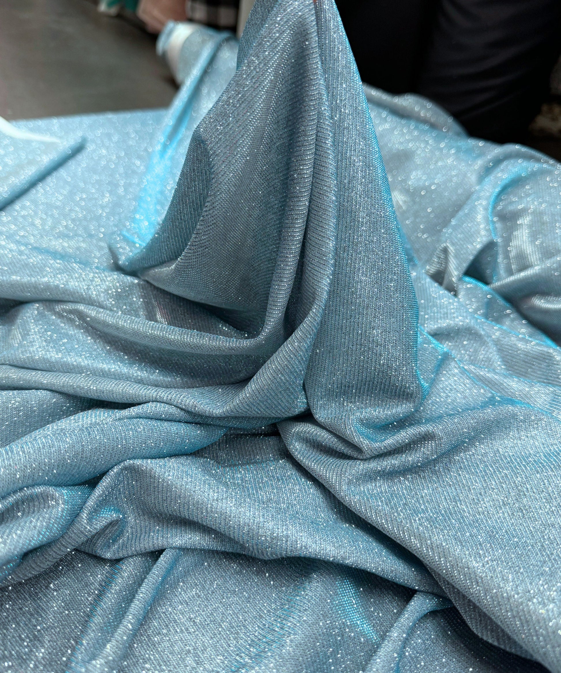 Baby Blue Stretch Metallic Lurex Glitter Fabric by Yard Sew The Trend Baby Blue Stretch Metallic Lurex Glitter Fabric by Yard Sew The Trend
