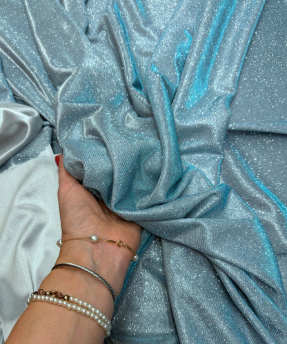 Aqua Blue Metallic Lurex Glitter Fabric, Aqua Glitter Spandex Knit Fabric by the Yard, Sparkle Aqua Blue Shimmer Fabric for Evening Gowns