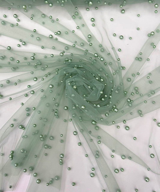 Sage Green Pearl Tulle Fabric, Scattered Pearls Studded Mesh, Pink Tulle Lace Fabric with Pearls, 2-Way Stretch Pearl Beaded Tulle