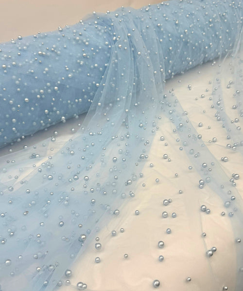 Baby Blue Pearl Tulle Fabric, Scattered Pearls Studded Mesh, Pink Tulle Lace Fabric with Pearls, 2-Way Stretch Pearl Beaded Tulle