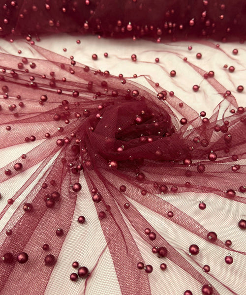 Burgundy Pearl Tulle Fabric, Scattered Pearls Studded Mesh, Pink Tulle Lace Fabric with Pearls, 2-Way Stretch Pearl Beaded Tulle