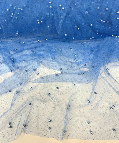 Blue Glitter Pearl Tulle Fabric, Blue Glitter Tulle Lace Fabric with Pearls for Dress, Veil, Table Runner, Scattered Pearls Studded Mesh