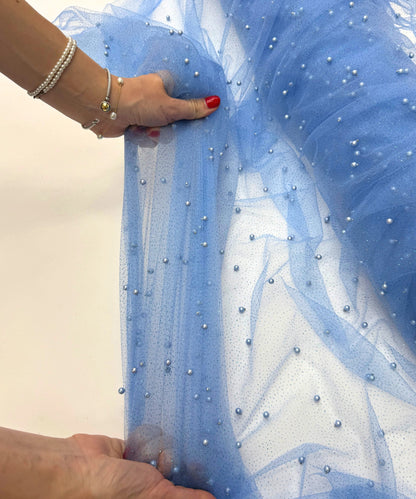 Blue Glitter Pearl Tulle Fabric, Blue Glitter Tulle Lace Fabric with Pearls for Dress, Veil, Table Runner, Scattered Pearls Studded Mesh