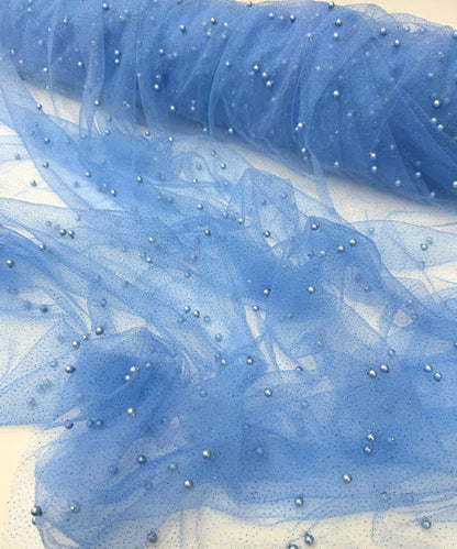 Blue Glitter Pearl Tulle Fabric, Blue Glitter Tulle Lace Fabric with Pearls for Dress, Veil, Table Runner, Scattered Pearls Studded Mesh