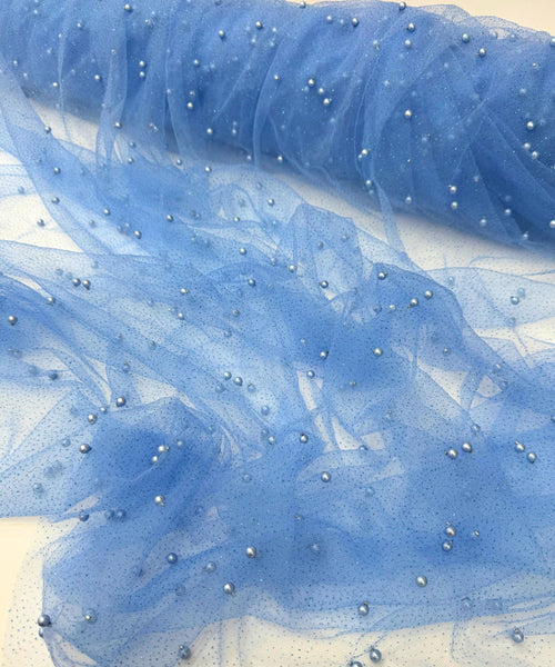 Blue Glitter Pearl Tulle Fabric, Glitter Tulle Lace Fabric with Pearls for Dress Bridal Veil, Scattered Pearls Studded Mesh