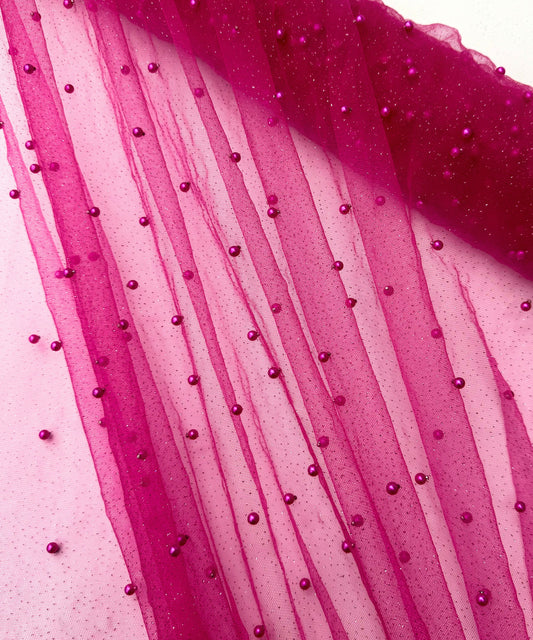 Fuchsia Glitter Pearl Tulle Fabric, Glitter Tulle Lace Fabric with Pearls for Dress Bridal Veil, Scattered Pearls Studded Mesh