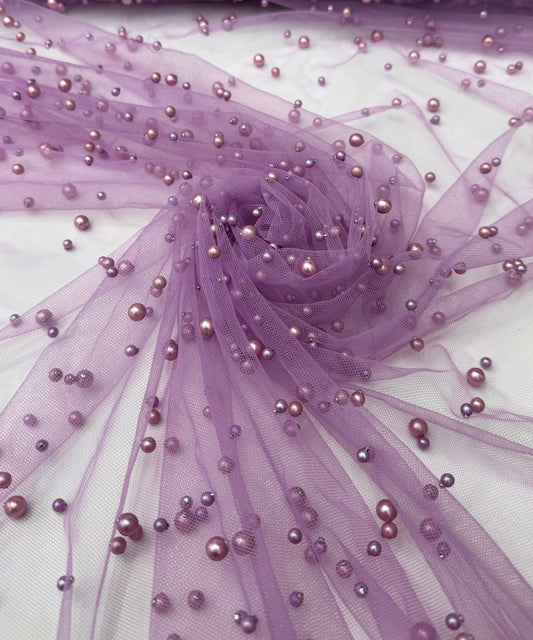Lavender Pearl Tulle Fabric, Scattered Pearls Studded Mesh, Pink Tulle Lace Fabric with Pearls, 2-Way Stretch Pearl Beaded Tulle